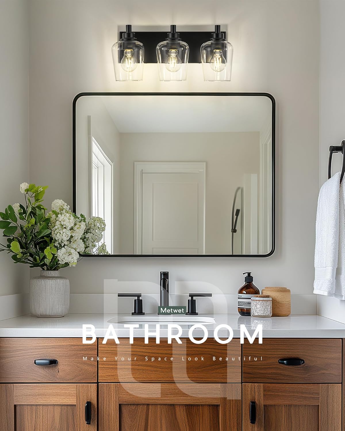 Bathroom Light Fixtures, 3-Light Modern Vanity Light with Clear Glass Wine Glass-Shaped Shade, Vanity Lighting Fixtures Over Mirror, Matte Black, VL155-MB-3