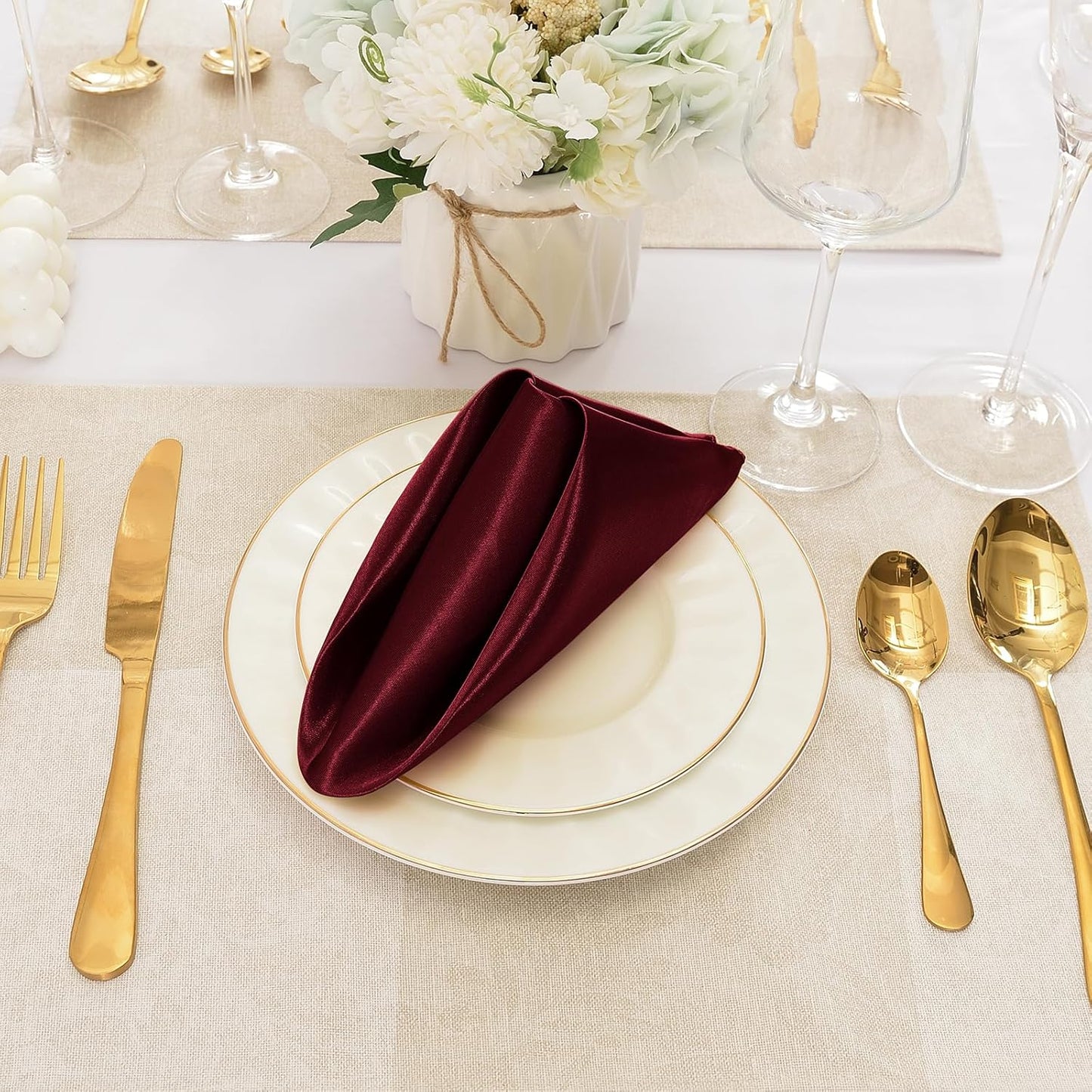 50 Pieces Burgundy Satin Napkins, 17" x 17" Square Table Napkins, Silky Soft Smooth Washable Napkins for Restaurant, Weddings, Dinner, Party Decoration