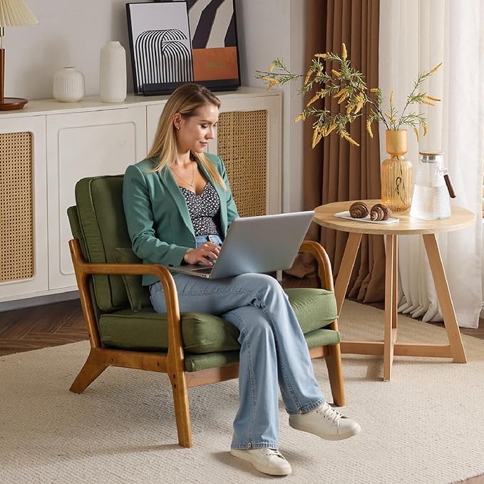 Bonnlo Dark Green Linen Mid Century Modern Accent Chair, Soild Wood Padding - Image 4