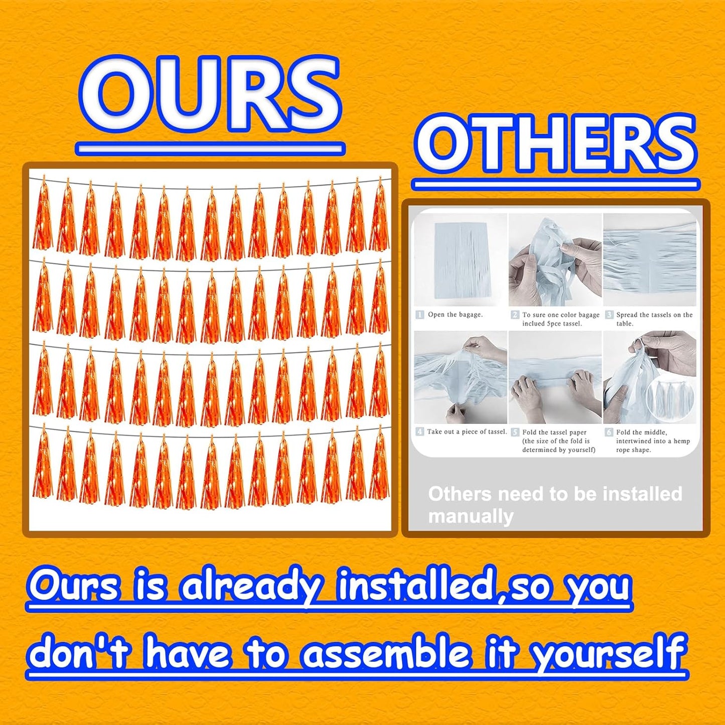 4P Orange Foil Fringe Tassel Banner Garland Metallic Tinsel Streamers Wall Hanging Curtain Backdrop Banner for Parade Floats, Graduation Decorations, Father's Day, Fall, Thanksgiving Party Decoration