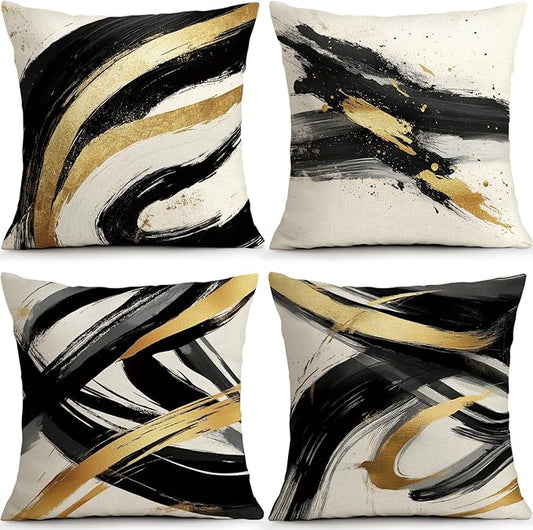 OBSEDE Abstract Black Gold Ink Brush Strokes Throw Pillow Covers 18 × 18 in by OBSEDE