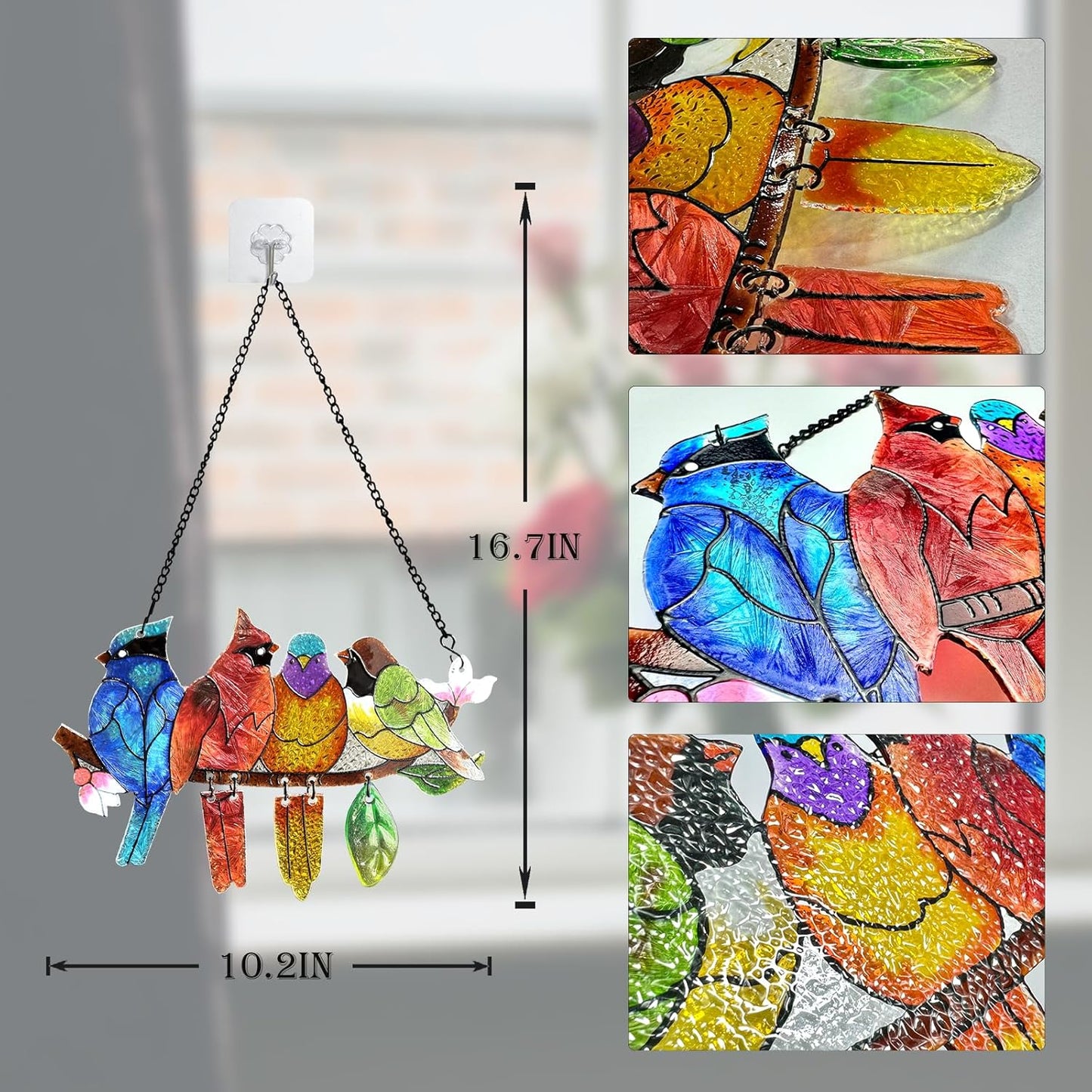 Stained Glass Window Hanging - Hummingbird on Branch Suncatcher Hand-Painted Double Side Stain Glass Cardinal Gifts Sun Catcher for Windows Doors Room Outdoor Home Decoration