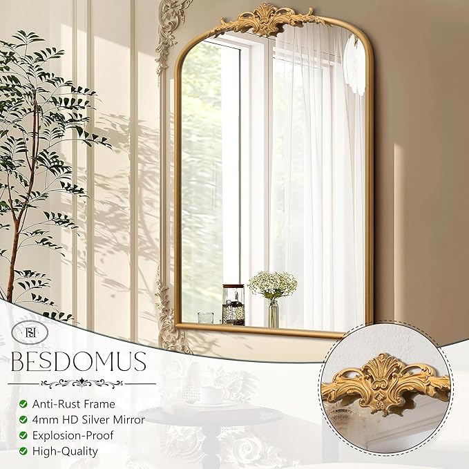 Besdomus Antique Arched Wall Mirror: 24"x36" French Large Arch Gleaming Gold - Image 7