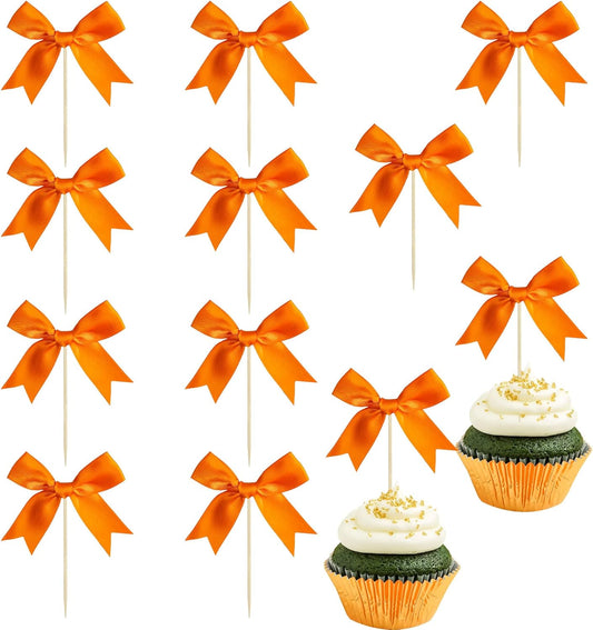 Ephlyn 24Pcs Bow Cupcake Toppers Bow Cake Topper Birthday Decorations Mini Bowknot Cupcake Picks for Coquette Theme Party Decoration Bachelorette Bridal Engagement Wedding Party Supplies Orange