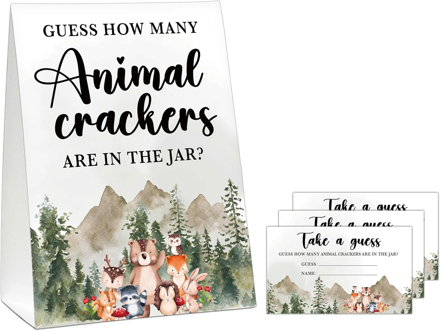 Woodland Baby Shower Game, Guess How Many Animal Crackers, Jungle Animal Safari 1 Standing Sign with 50 Cards for Gender Neutral Baby Shower - A01