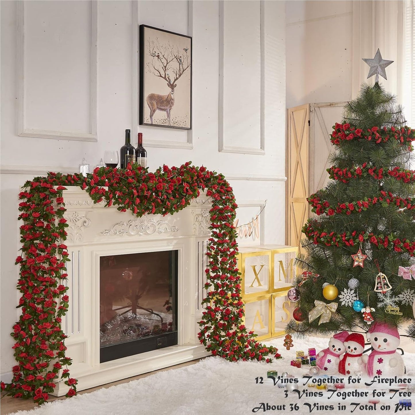 6 Pcs x 8.2 ft Flower Garland Artificial Rose Vine Flowers with Green Leaves Hanging Fake Roses Vine for Room Party Home Wedding Birthday Christmas Wall Arch Decor, Spring Red Flower