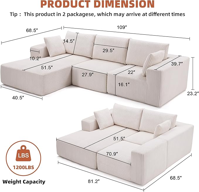 108” Modular Sectional Sofa, Cloud Sectional Couch - Image 3
