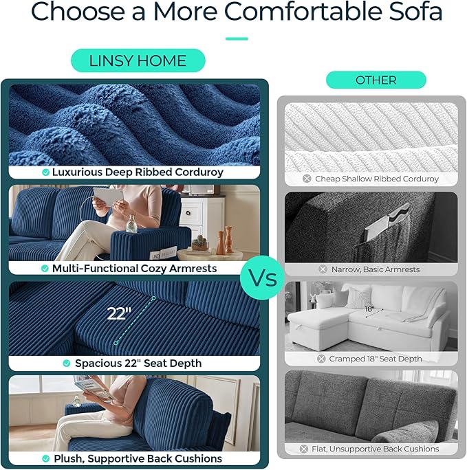 LINSY HOME Sectional Sofa with Pull Out Bed, 6 Seats Corduroy Reversible - Image 4