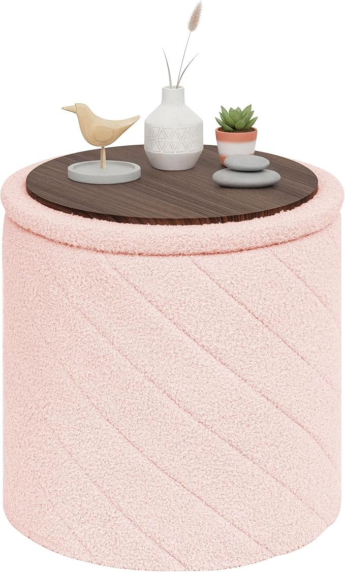 PINPLUS Ottoman with Stroage Round Boucle Ottoman and Tray Sherpa Removable by PINPLUS