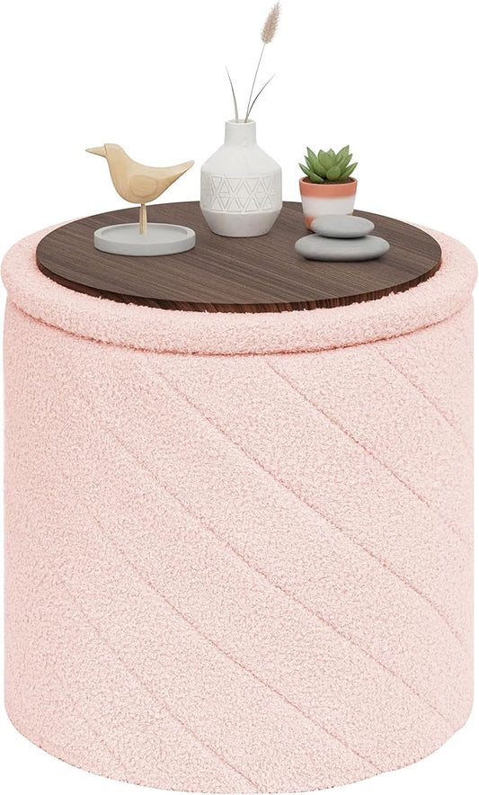 PINPLUS Ottoman with Stroage Round Boucle Ottoman and Tray Sherpa Removable by PINPLUS