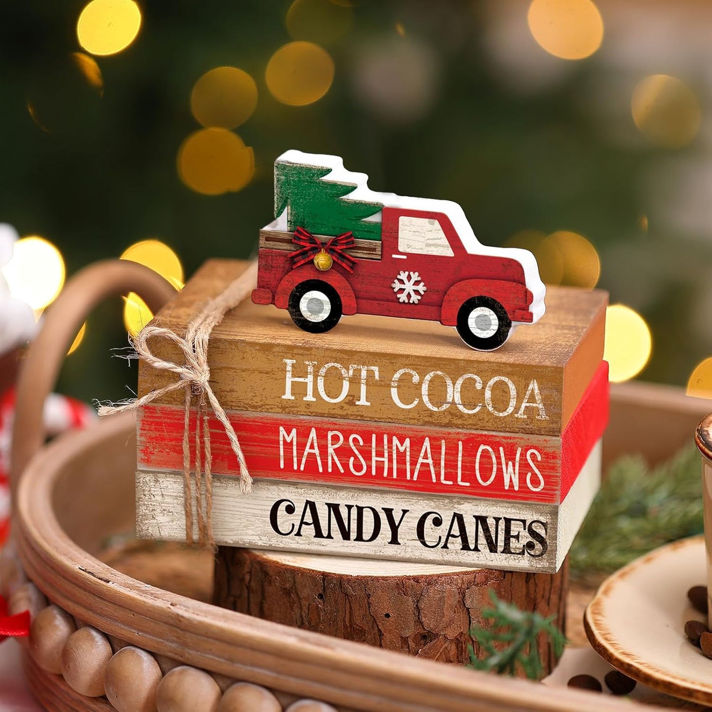 4 Pcs Christmas Table Decorations Red Truck Winter Tiered Tray Decorations Rustic Merry Christmas Table Centerpiece Wooden Books Signs for Office Shelf Classroom Tabletop Bookshelf