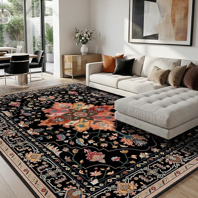 RELEANY Area Rugs 8'x10' Washable Non-Slip, Floral Vintage Distress Print by RELEANY