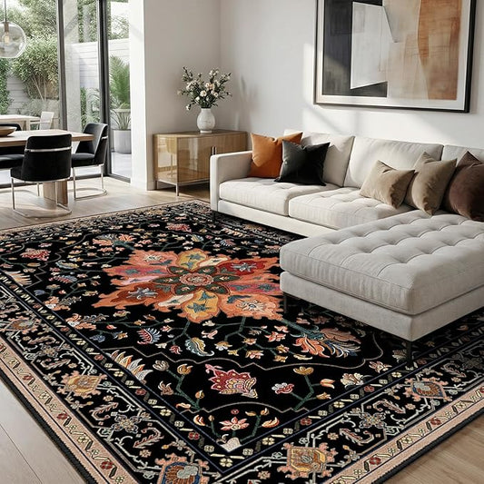 RELEANY Area Rugs 8'x10' Washable Non-Slip, Floral Vintage Distress Print by RELEANY