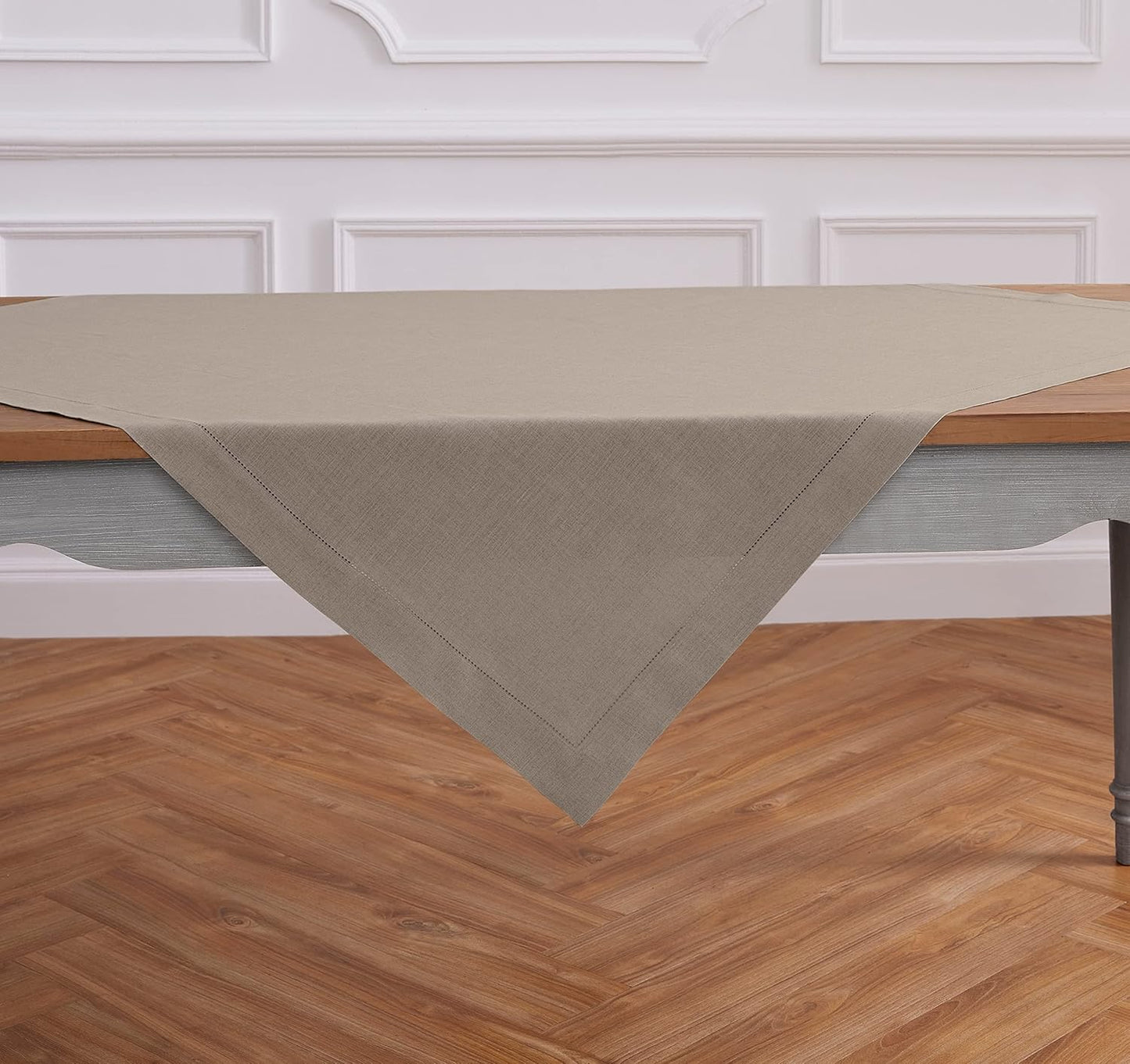 Solino Home Natural Linen Tablecloth 52 x 52 Inch - 100% Pure Linen Square Table Throw - Classic Hemstitch, Machine Washable Table Cloth for Fall, Autumn, Thanksgiving, Christmas, Holiday