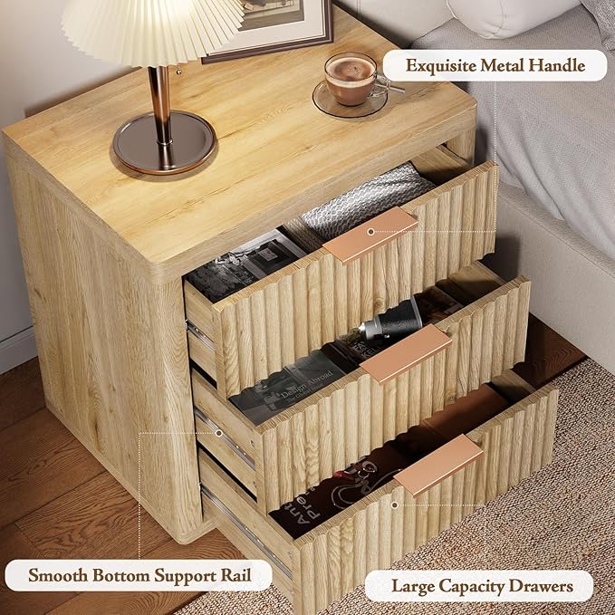 Fluted Nightstand with 3 Drawers, Tall Bed Side Table with Metal Handle - Image 4