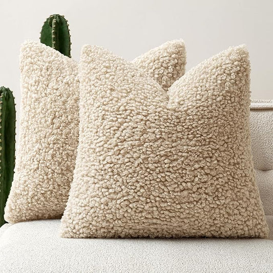 Faux Fur Throw Pillow Covers 20x20 Inch Set of 2 Boucle Neutral Decorative by Woaboy
