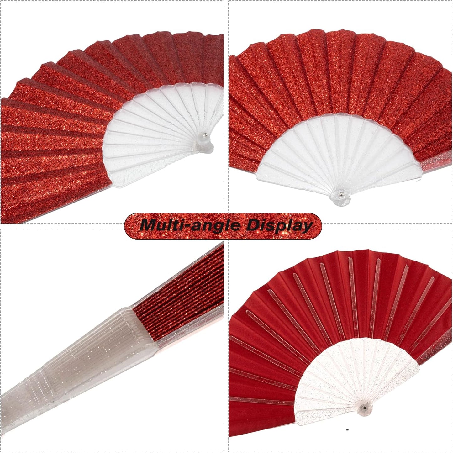 12 Pack Handheld Fan,Folding Hand Glitter Fan with Shining Transparent Fan Rib – Ideal for Wedding, Church, Festival, Dance, Tea Party, Club, and EDM Accessories, Red