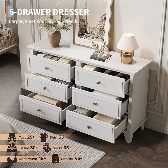 IDEALHOUSE 6 Drawer Dresser, Wooden Storage Chest of Drawers - Image 5