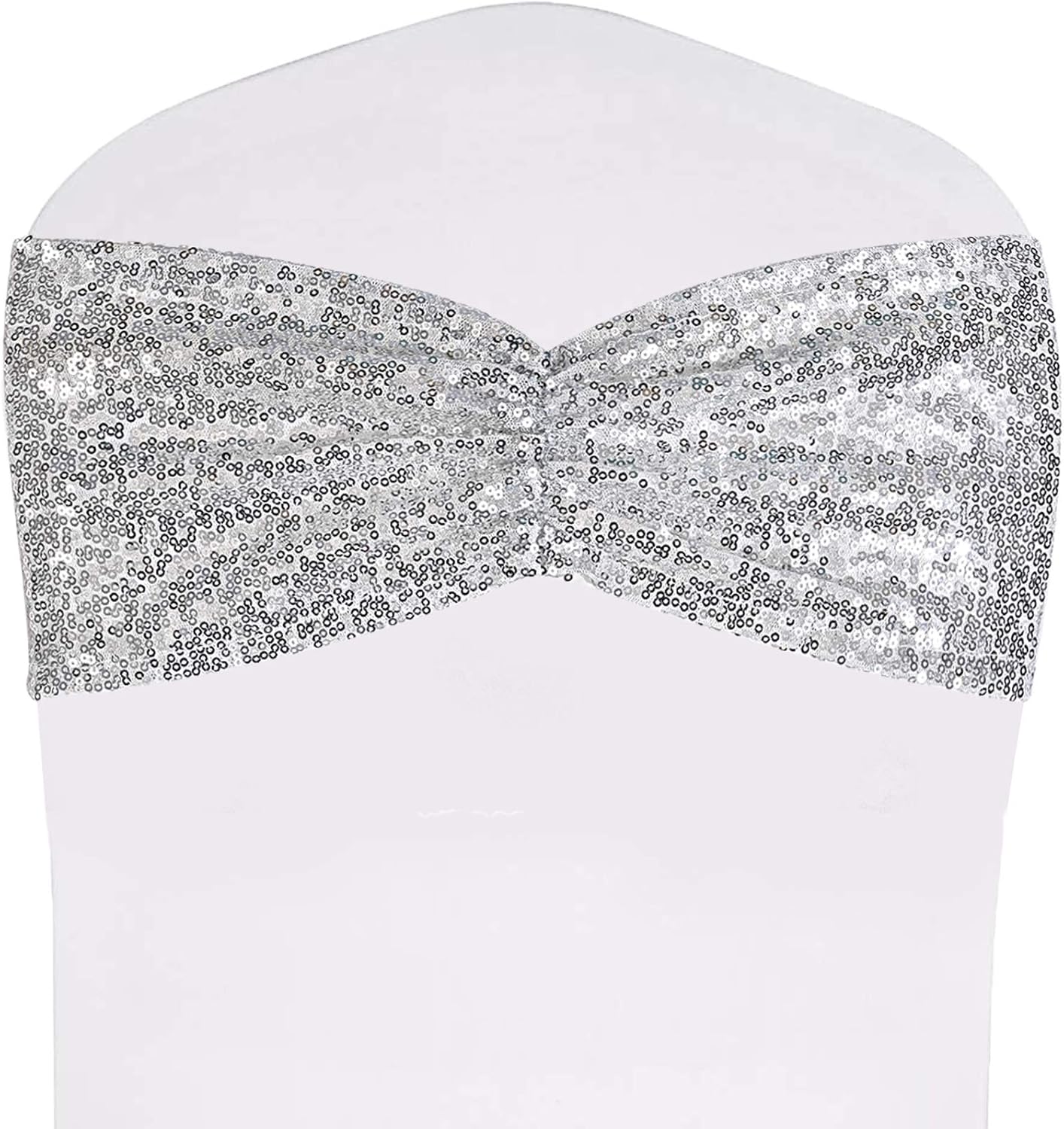 SquarePie Pack of 100 Chair Sashes Bows Sparkly Silver Sequin Chair Bands for Wedding Party Banquet Home Decor