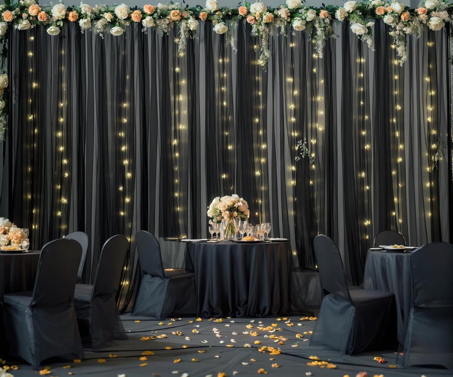 Black Tulle Backdrop Curtain with Lights String for Parites 20ft×10ft Black Sheer Backdrop Curtains for Baby Shower Wedding Bridal Shower Birthday Party Photo Shoot Decorations(4 Panels 5×10ft)