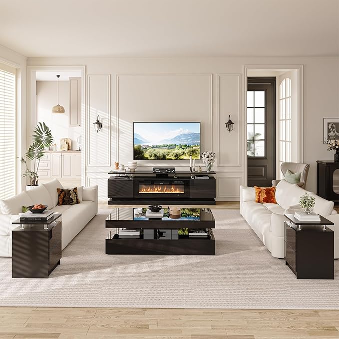 4-Piece Modern Living Room Table Set, Includes High Gloss 70" Fireplace TV Stand - Image 6