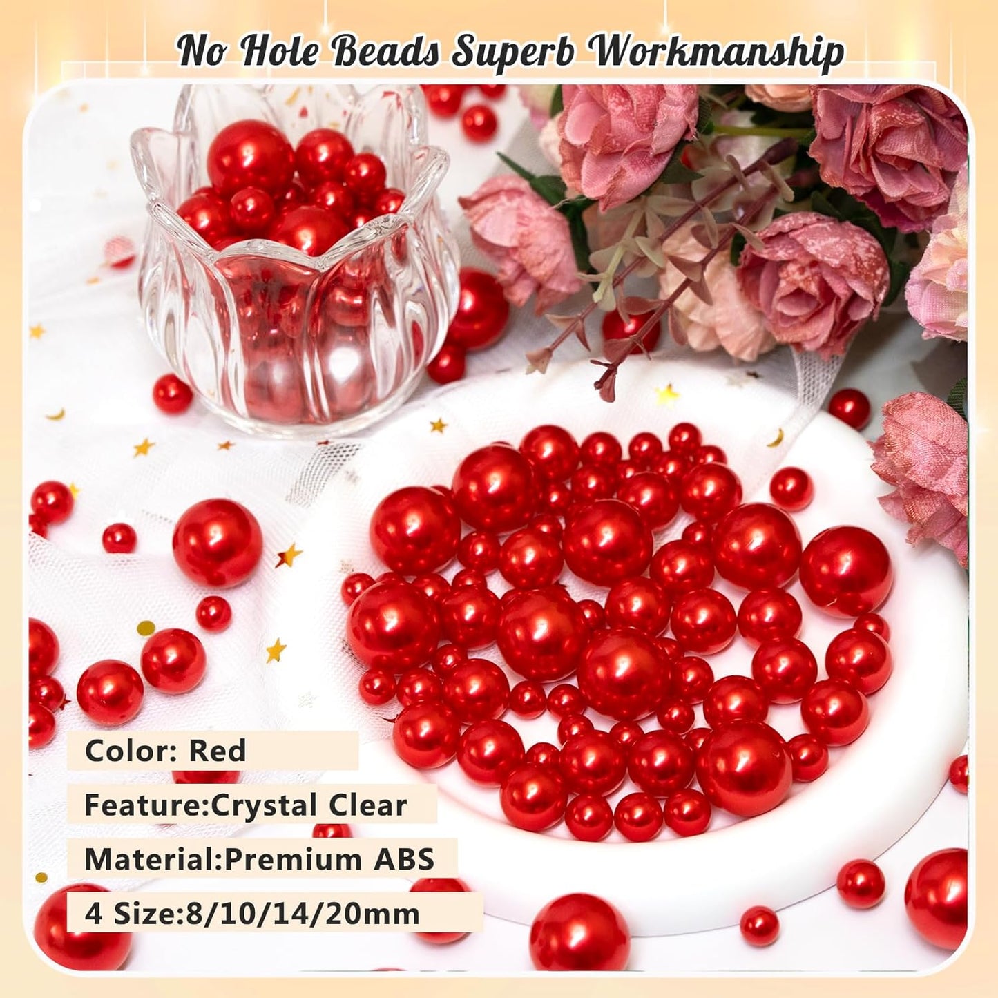 300Pcs Pearl Vase Filler, Red No Hole Faux Pearl Beads for Centerpieces Vases, Candle Centerpieces, Wedding Birthday Party Home Decor 8/10/14/20mm