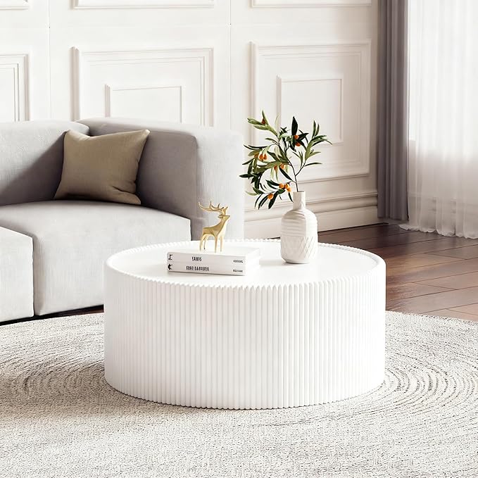 SSLine Round Drum Coffee Table Modern Sintered Stone Top Coffee Table in White by SSLine