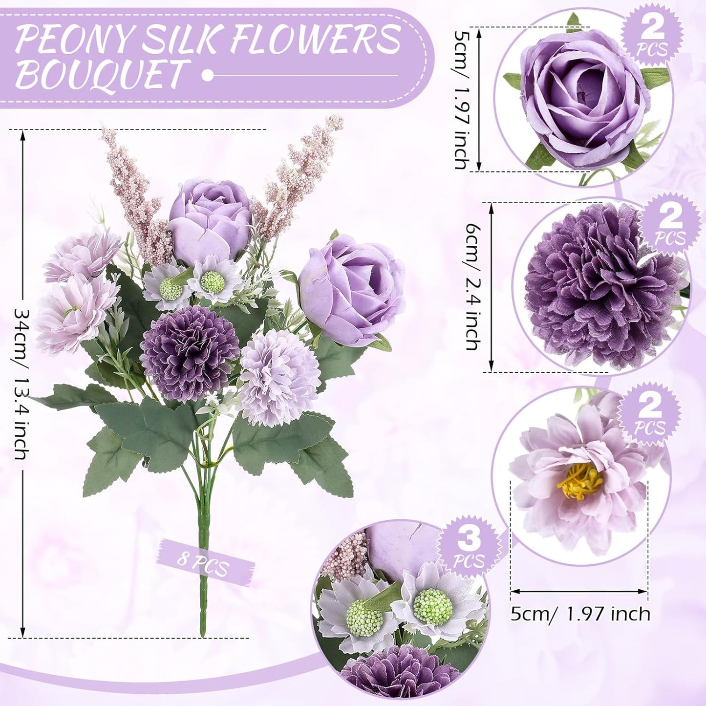 Zeyune 8 Pcs Wedding Silk Flowers Fake Silk Flowers Faux Bouquet Hydrangea Bouquets for Wedding Birthday Party Table Centerpieces Home Decoration (Purple,Rose)