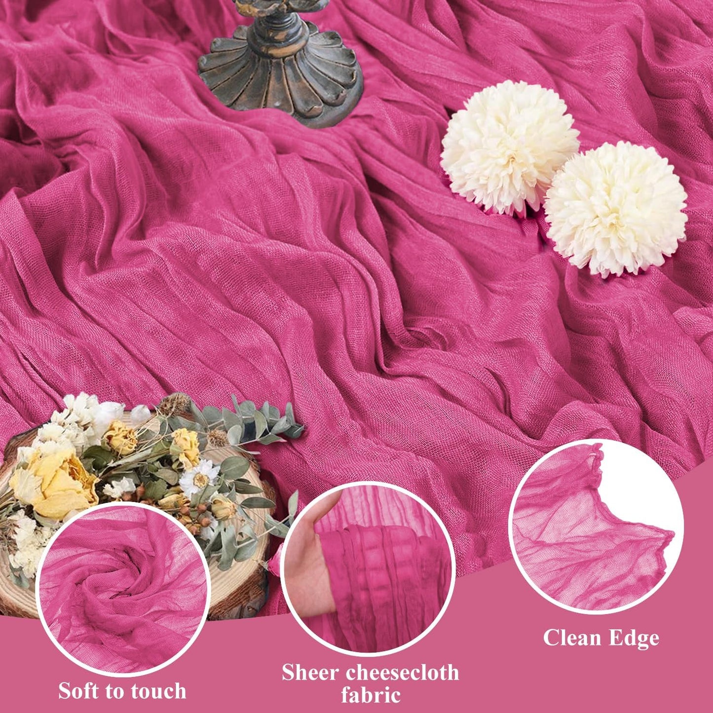 Asee'm 3pcs Cheesecloth Table Runner 120 Inches Long Deep Pink Boho Gauze Cheese Cloth Runner 10FT Rustic Sheer Table Runners for Christmas Wedding Party Baby Shower Spring Easter Decoration
