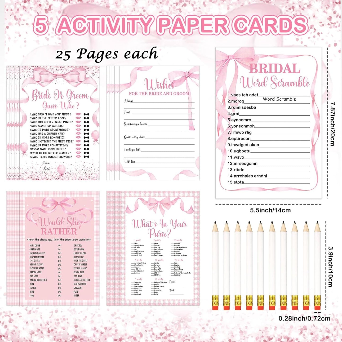 Teling 145 Pieces Bridal Shower Game Bridal Shower Favors Set Wedding Games Cards and Pencils for Bride Groom Bachelorette Party Wedding Party Favor (Pink Bow Style)