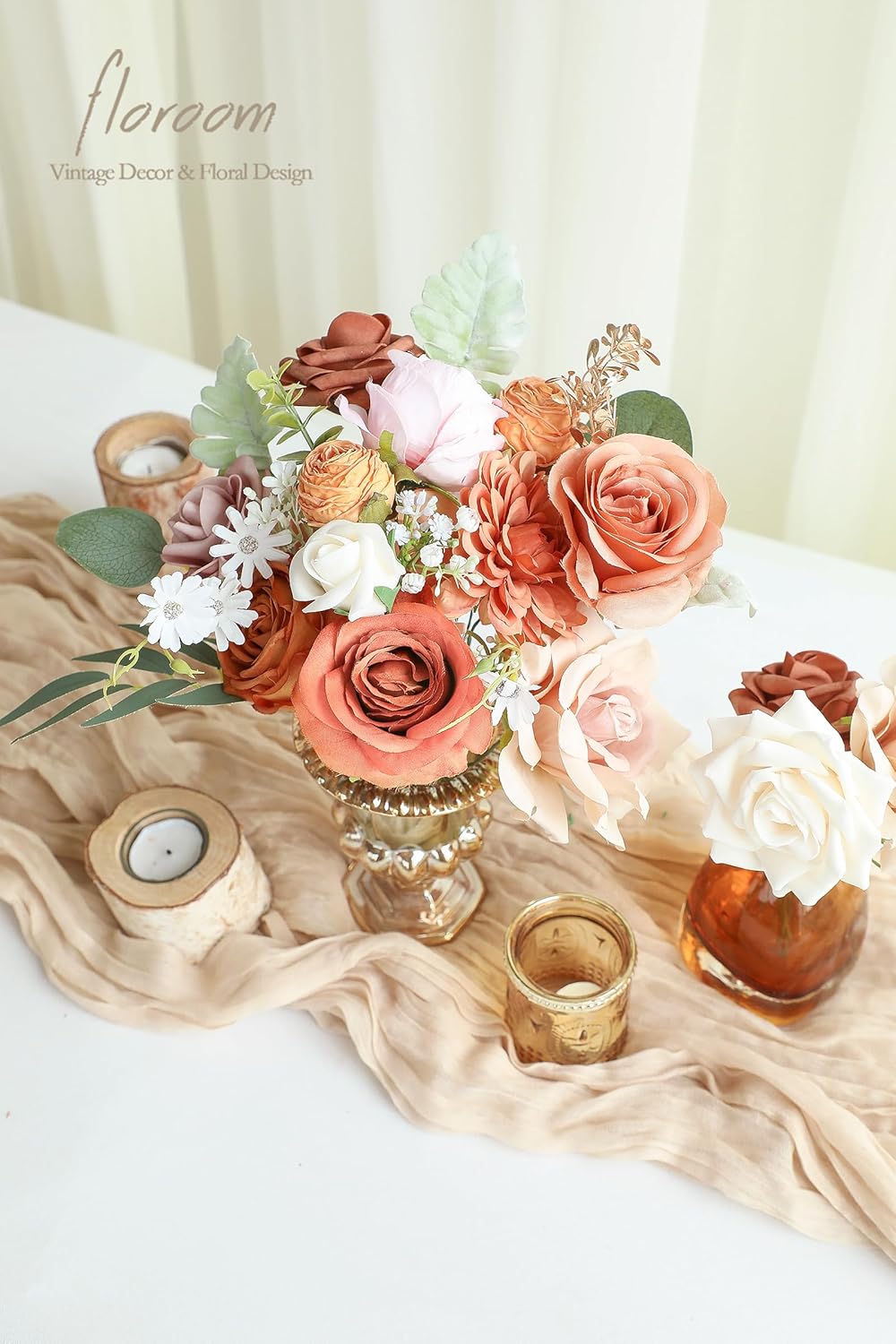 Floroom Terracotta Artificial Flowers Burnt Orange Fake Roses Peonies Dahlias and Greenery Combo Box Set for DIY Wedding Bouquets Bridal Shower Centerpieces Floral Arrangements Party Tables Decoration