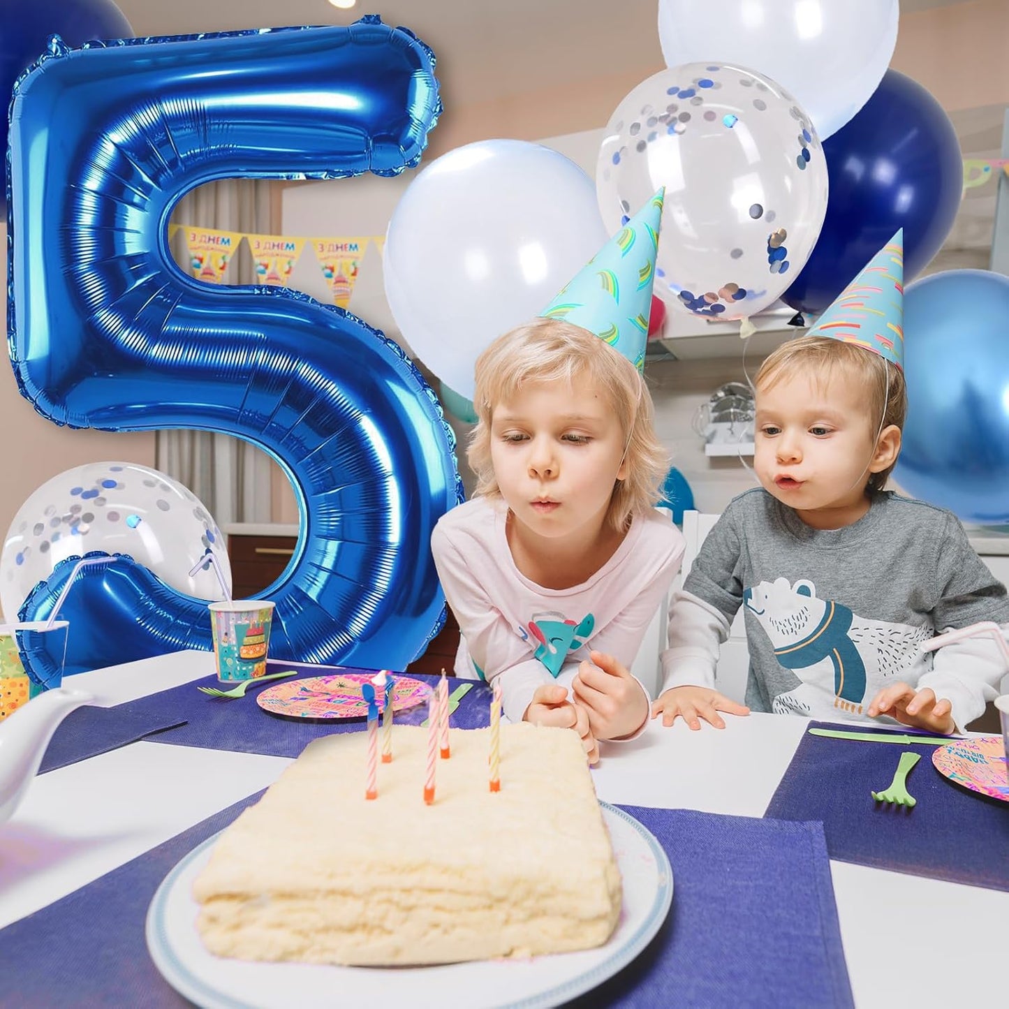 Large Foil Number 5 Balloons, 101cm Light Navy Blue 5 Helium Balloon with Metallic Silver Confetti Balloon for Kids 5th Birthday Party Decor, Mylar Self Inflating 5 Balloon for Graduation Decorations