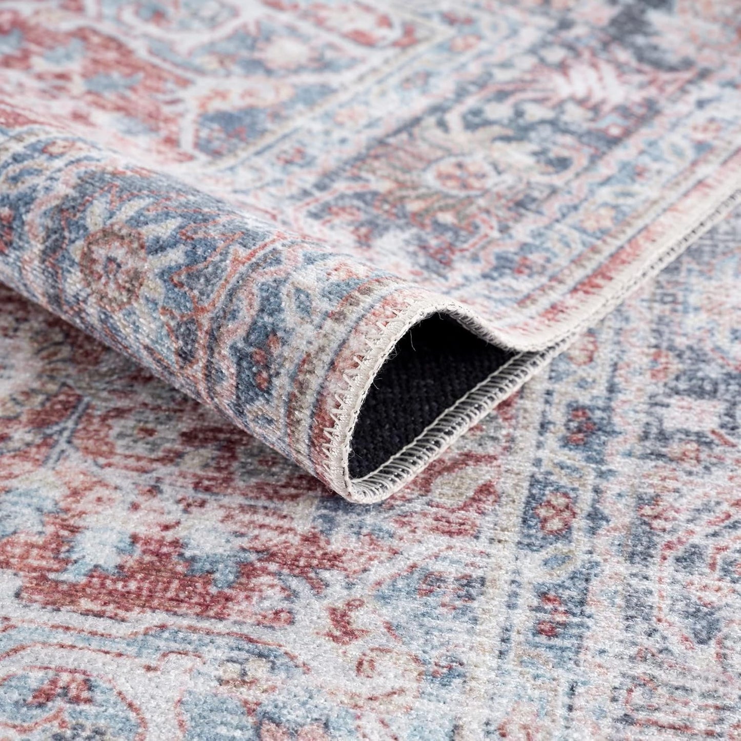 Bloom Rugs Caria Washable Non-Slip 10 ft Runner - Brick/Dark Blue Traditional Runner for Entryway, Hallway, Bathroom, and Kitchen - Exact Size: 2'6" x 10'