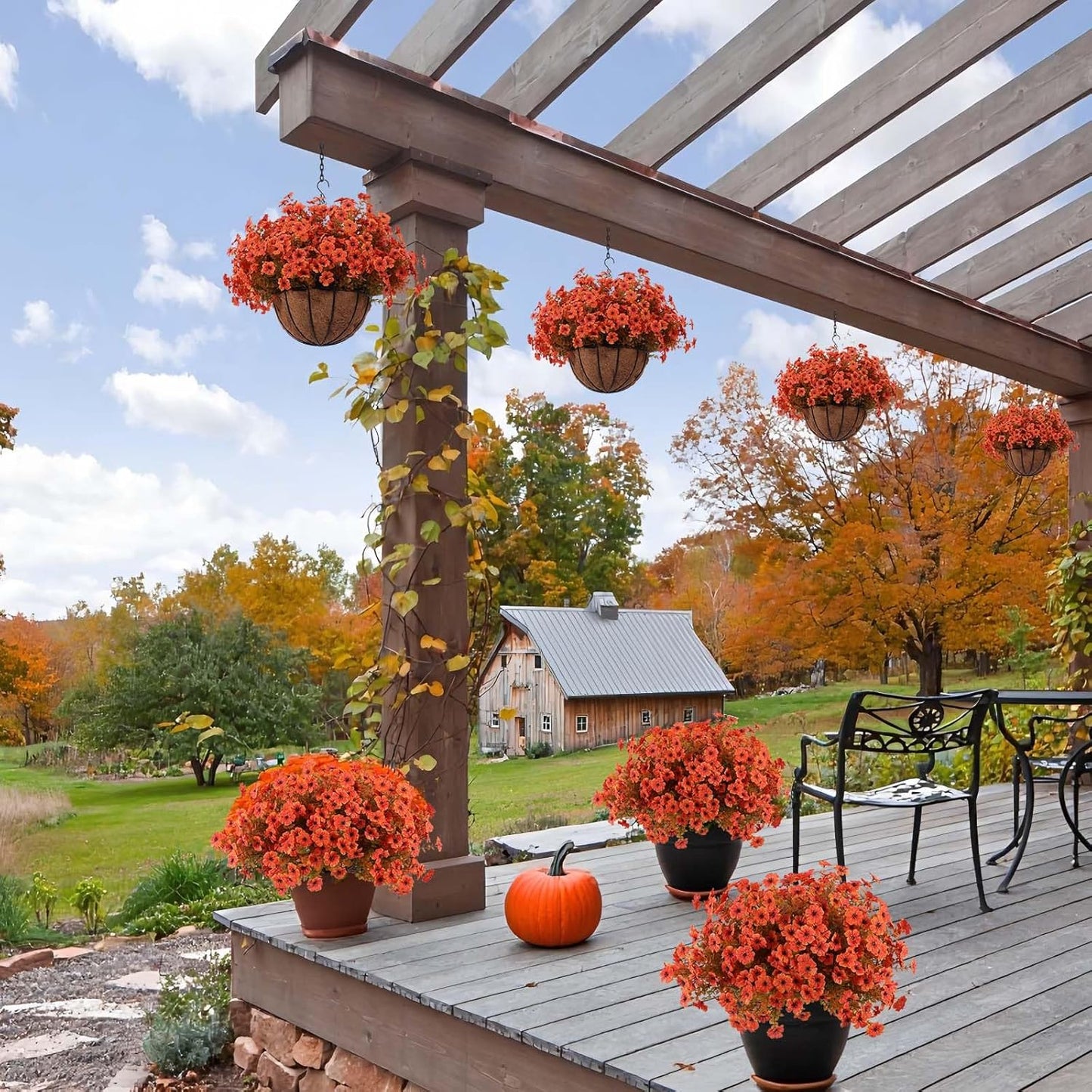 Hananona 18 Pcs Artificial Mum Flowers for Outdoors, Faux Fall Mums Silk Flower for Outside, Fake Orange Flowers for Fall Patio Front Door Planter Autumn Halloween Home Decorations (18, Orange)