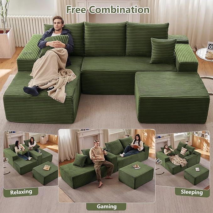 107" Comfy U-Shaped Sectional Modern Boneless Corduroy Couch - Image 7