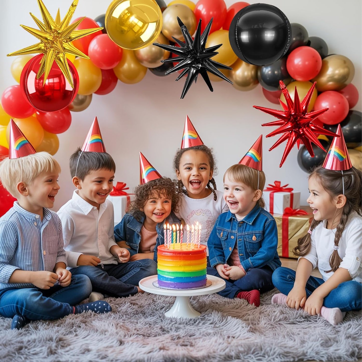 6Pcs Black Red Gold Foil Balloons,22Inch Black Gold Red 4D Round Ball Balloon and Explosion Star Balloon for Birthday Wedding Baby Shower Anniversary Party Decorations