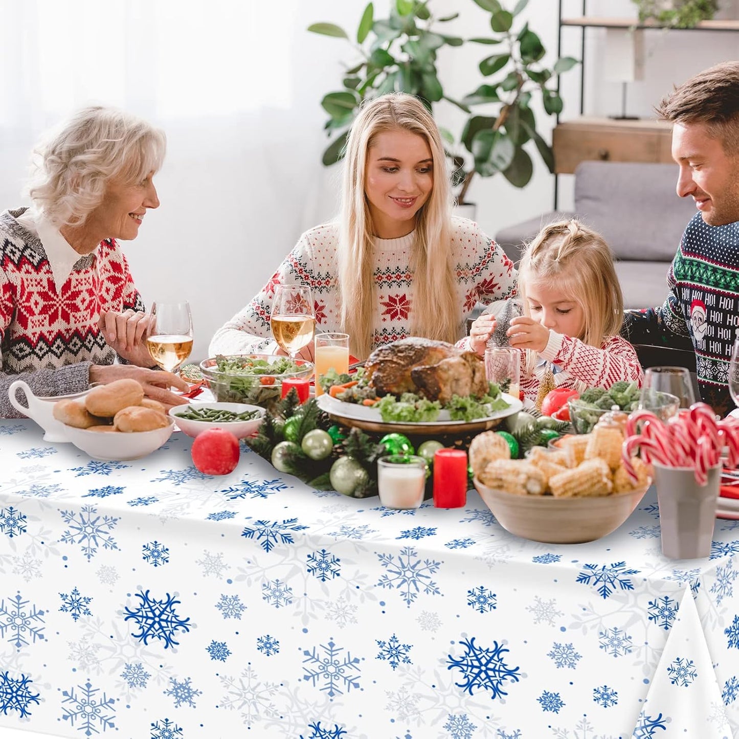 8 Pieces Snowflake Christmas Party Tablecloth Decorations,Plastic White Snowflake White Blue Xmas Backdrop Sign Table Cover Banner for Winter Christmas Holiday Party Supplies,54x108 inch（White/Blue）