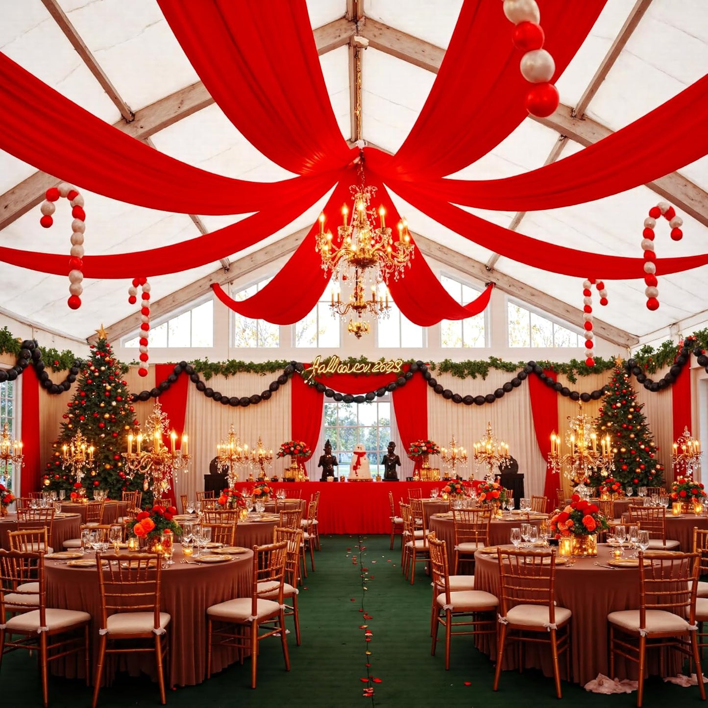 PartyVillage 10 Panels 5ftx30ft Red Ceiling Drapes for Wedding Parties – 30 FT Extra Long Thick Polyester Wrinkle-Free Drapery Tent Decor Decorations for Birthday Party Ceremony Stage Swag