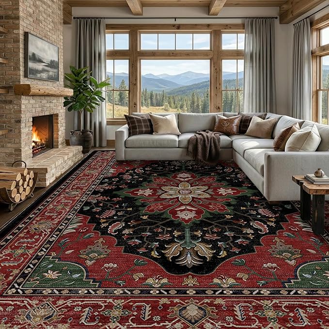 RELEANY Area Rugs 9'x12' Washable Non-Slip, Floral Vintage Distress Print by RELEANY