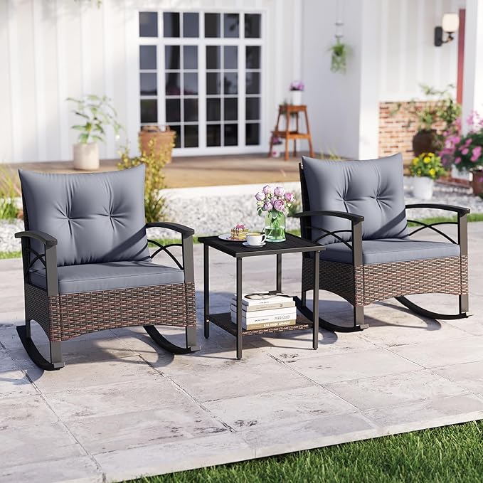 Tangkula 3 Pieces Outdoor Rocking Chairs Set, Rattan Heavy Duty Cushioned - Image 2