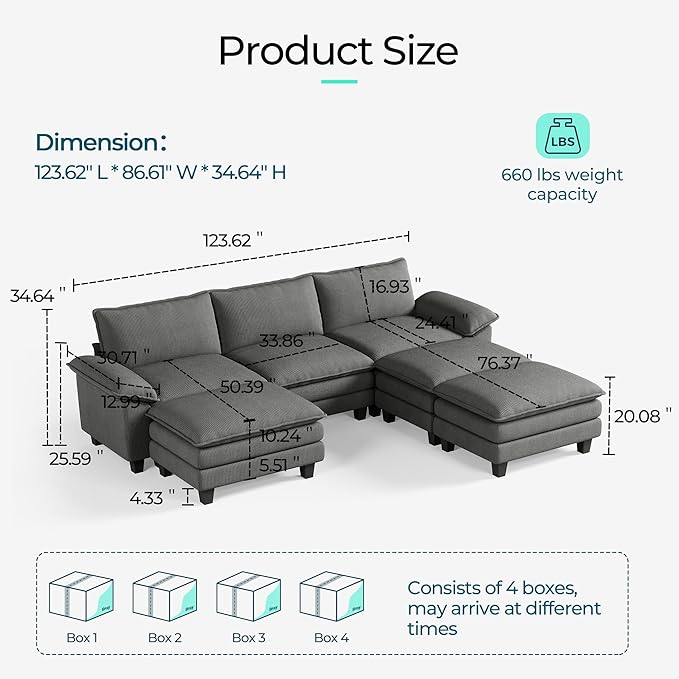 LINSY HOME 123" Modular Sectional Sofa, 3-Seat Corduroy Modern Cloud Couch - Image 2