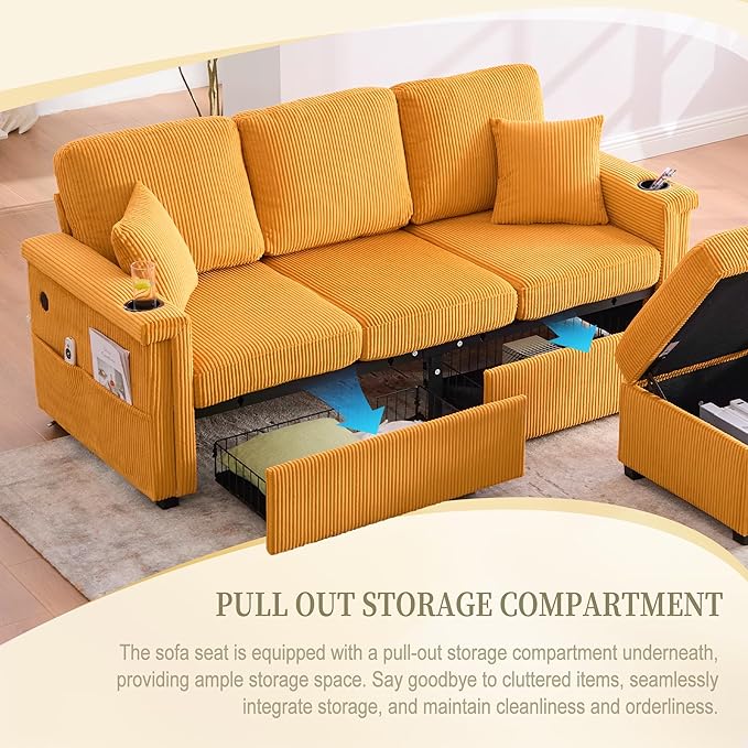 L-Shaped Sectional Sofa with Storage & Movable Ottoman, Corduroy 3 Seater - Image 4