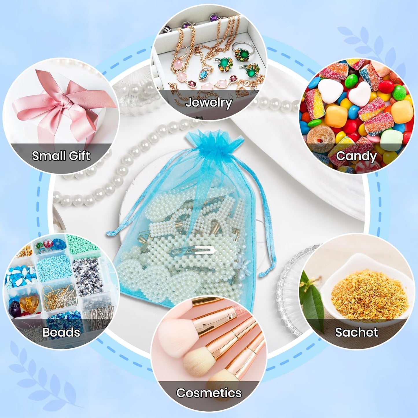 ANZNKU 100 Pack Organza Bags 4x6 Inch, Small Mesh Bag Drawstring Organza Gift Bags for Baby Shower, Party Favors(Lake Blue)