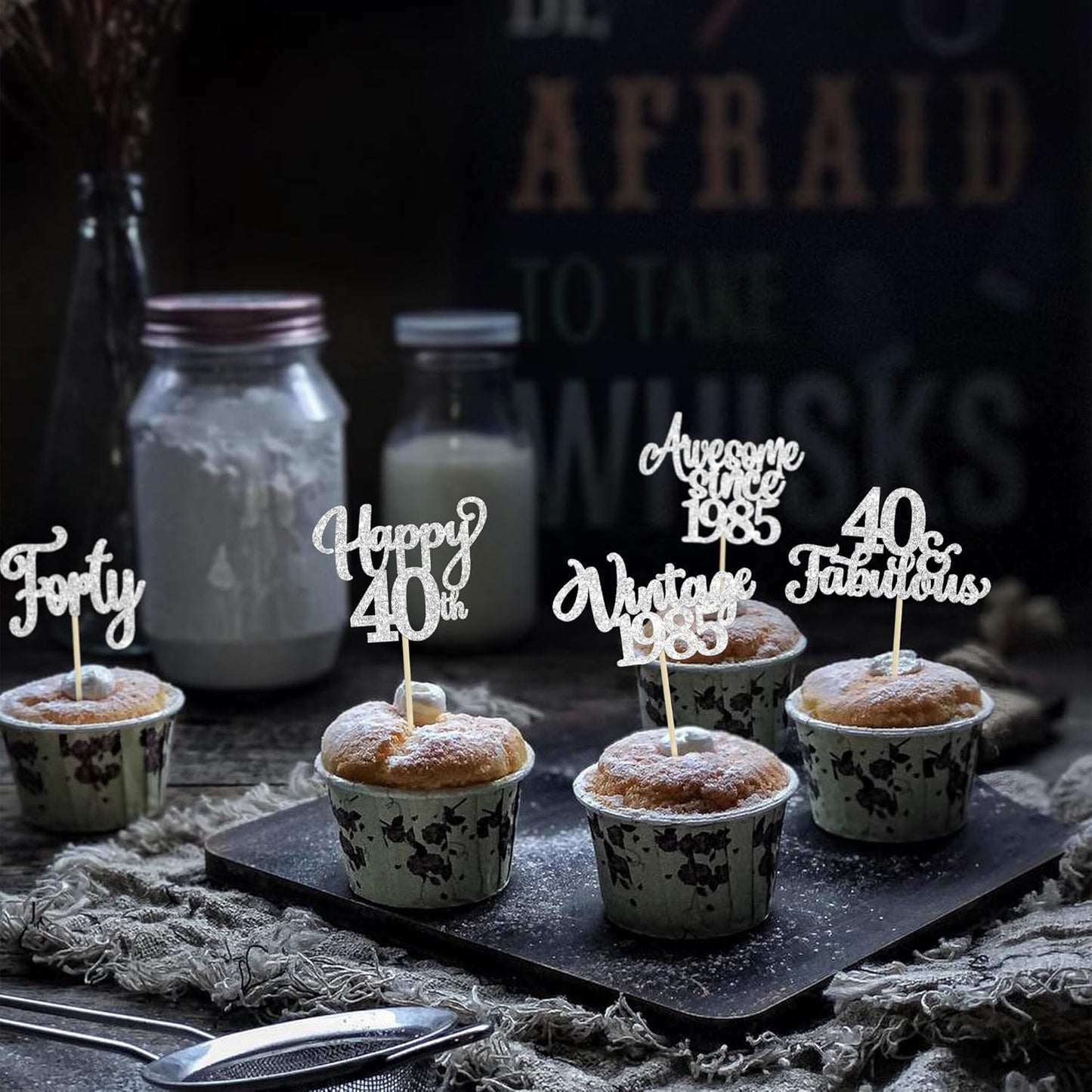 30Pcs Happy 40th Birthday Cupcake Toppers Glitter Forty Vintage 1985 Cupcake Picks Cheers to 40 Fabulous Cake Decorations for 40th Birthday Wedding Anniversary Party Supplies Silver