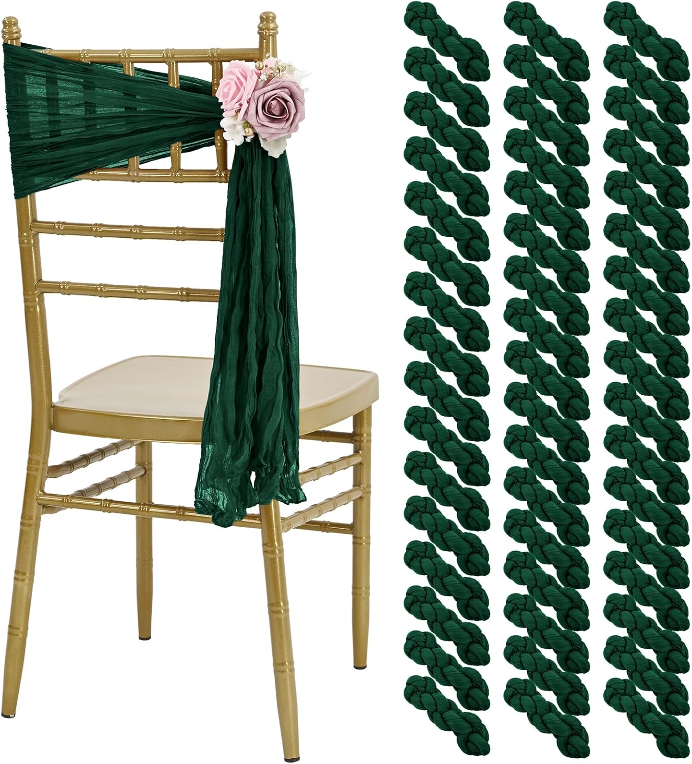 50 PCS Cheesecloth Chair Sashes, Bows Designed ChairSashes, 15.7x70 inch Chair Sashes for Aisle Decorations Universal Chairs Cover Decoration for Wedding Reception Party Banquet (Emerald Green)
