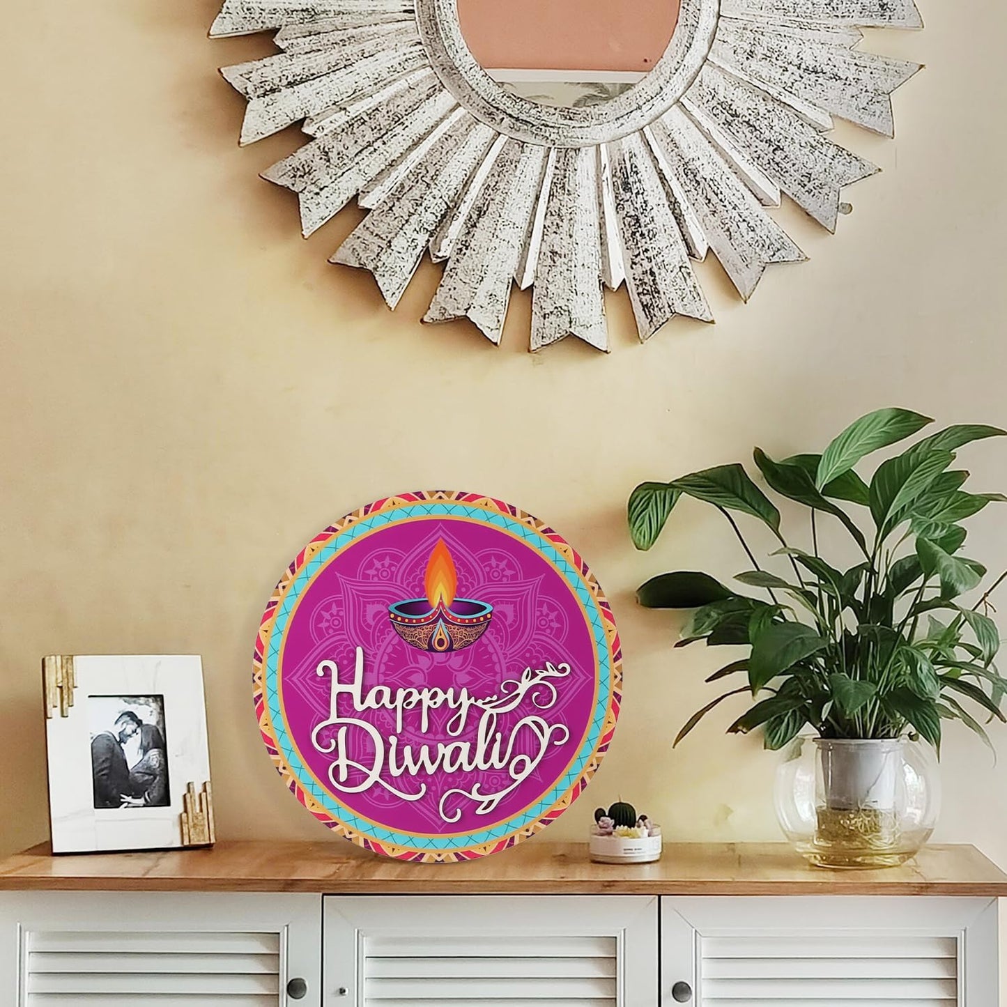 CHDITB Happy Diwali Decoration 3D Front Door Sign(12”x12”), Indian Festival of Lights Wall Hanging with Rangoli Diyas, Deepavali Themed Door Hanger for Front Door Porch Home Office Party