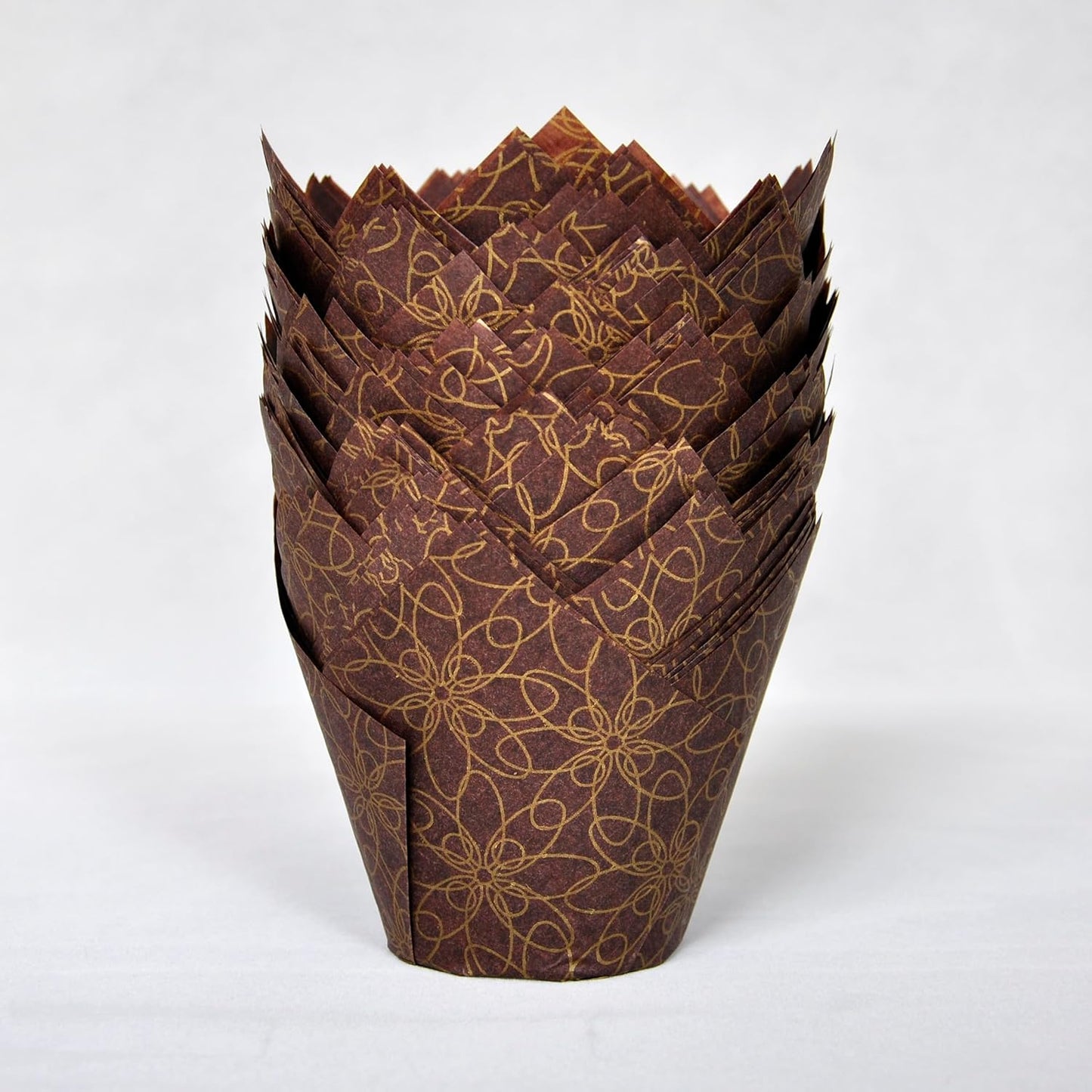 (JUMBO Large size) Brown Golden pattern Tulip Baking Cups 2-1/4"(Base diameter) x 3-3/4"(Wall height) Greaseproof paper Muffin liners, Case of 130 pcs
