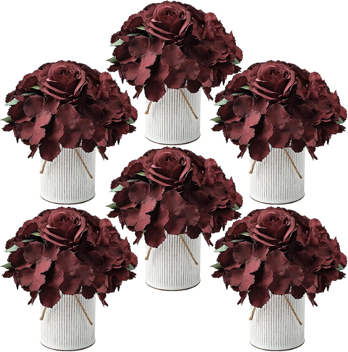 Flower Table Centerpieces - Set of 6 Floral Arrangement Artificial Wedding Hydrangeas Floral Arrangement with Rustic Metal Vase for Bridal Tea Party Event Decorations - Burgundy