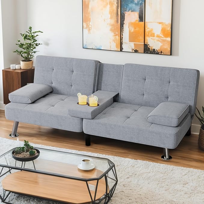 Shahoo Modern Linen Upholstered Convertible Folding Futon Sofa Bed by BuynowfromShahoo