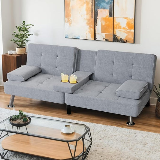 Shahoo Modern Linen Upholstered Convertible Folding Futon Sofa Bed by BuynowfromShahoo